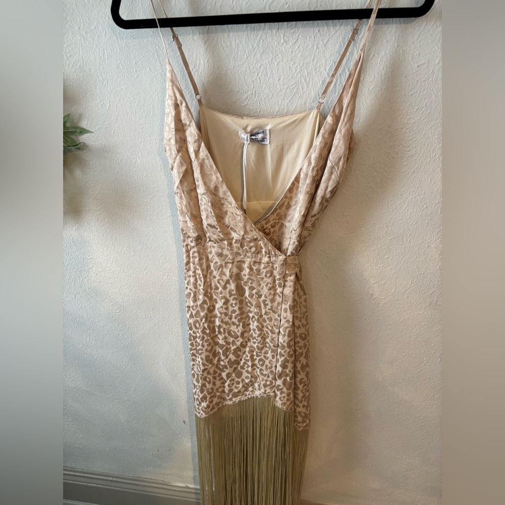 Beige Animal-Print Midi Dress with Fringe